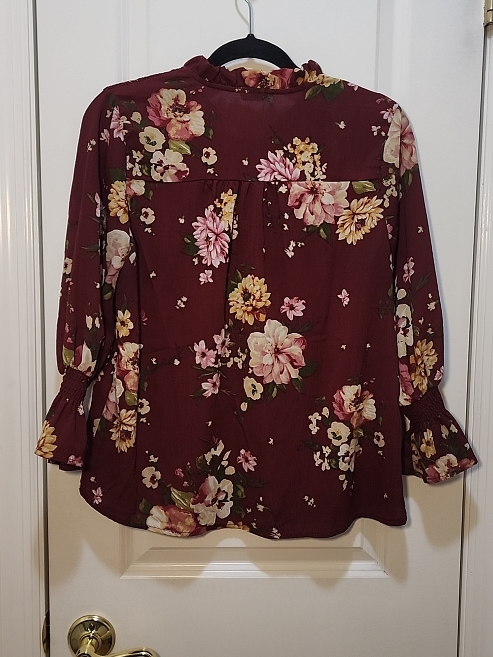Mine Women's Burgundy Floral Chiffon Tie-Neck Blouse Top Size M Long Sleeves - Picture 4 of 13